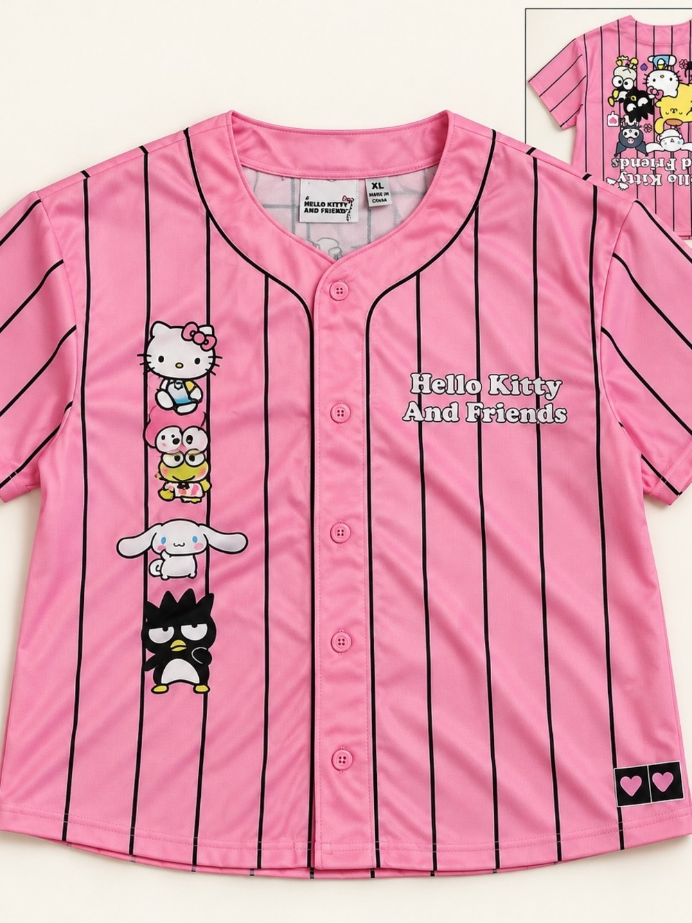Sanrio Pink Black Womans XL Pinstripe Hello Kitty And Friends Button-Up Jersey